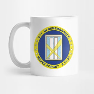 9/11 in Remembrance,  Never Forget, 9.11.01 in Dark Blue and Yellow Mug